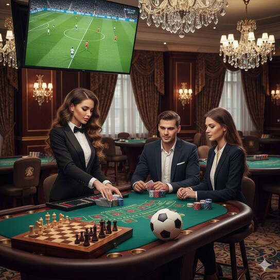 Panoramic view of a luxurious Las Vegas casino floor with elegant chandeliers and gaming tables.